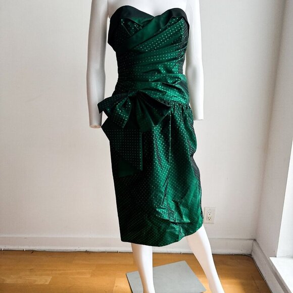 A.J Bari 80s Bow Detail Gathered Unique Green Cocktail Dress S - Picture 3 of 8